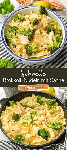 broccoli and noodles in a skillet on a table