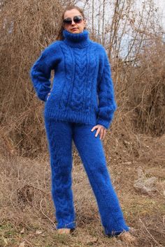 "This unique hand knit suit from  mohair pants and  sweater  is made to give you pleasure and makes you feel comfortable and stylish.It is suitable for any occasion.With this lovely pants & sweater you will feel beautiful at any time - in everyday life, at work,at home,visit with friends and relatives,in mountain... Wonderful design,warm,cozy and soft.Thick and fuzzyjust for you. Content - Mohair ,hand knitted with 2 strands. Sizes - M , L , XL Measurements, taken with the suit laid flat, not stretched: Sweater * - Chest width - 55 sm / 22 \"- the knitting is elastic - Length - 68 sm / 27,2'' - Length sleeve from the beginning to the neck - 80 sm / 32 '' Pants * - Length of the leg from the waist - 105 sm / 42 \" - Length from crotch to bottom end - 75 sm / 30 \" Please check carefully the Mohair Pants, Pull Mohair, Knit Suits, Mens Pullover, Sweater Turtleneck, Pullover Sweater Men, Knitted Suit, Pullover Outfit, Mohair Cardigan