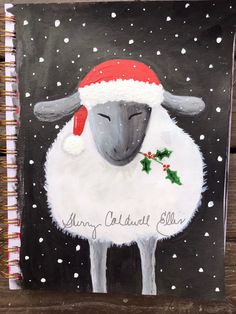 a painting of a sheep wearing a santa hat with holly berries on it's head