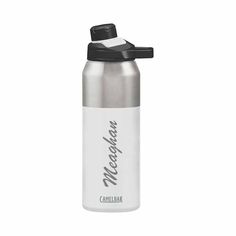 a stainless steel water bottle with a black lid and the word, camelbak on it