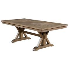 a wooden table with two crossed legs