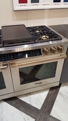 a stainless steel oven with two burners on the front and one on the back