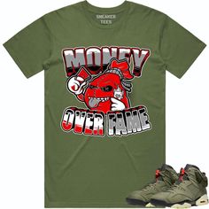 Red Money over Fame : Sneaker Tees Shirt to Match the Jordan 6 Cactus Jack 6s Sneaker Tees made by Sneaker Tees Clothing on a 100% premium soft cotton shirt that fits true to size. WASHING: Machine wash this shirt inside out with cold water. DRYING: Hang Dry. If you must use a dryer keep the shirt inside out and dry with low heat. This item is made on-demand which can take 1-5 business days to ship out. You will receive your tracking number within 24 hours after placing your order but that does Jordan 6 Cactus Jack, Red Dunks, Red Money, Baseball Jersey Women, Beef Broccoli, Jordan 9, Sneaker Match Tees, Sneaker Tee, Cactus Jack