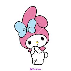 hello kitty with pink hair and blue bow on her head, standing in front of a white