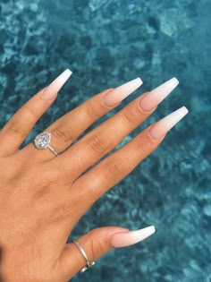 Long Ombre Nail Designs, Clearish Nails, Professional Long Nails, Long Ballerina Nails Designs, Nail Inspo Long Coffin, Ombre Coffin Nail Ideas, Pretty Long Nails Acrylic, White Long Nails With Designs, Coffin Acrylic Nails White