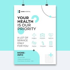 a poster with the words your health is our priority on it and icons in blue