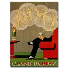 an advertisement for grand parisiy champagne, with a man sitting in a chair