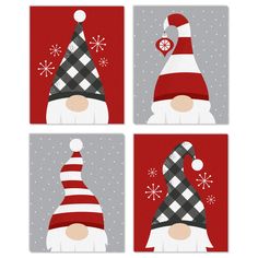 four pictures of gnomes with hats and snowflakes on their heads, one is red