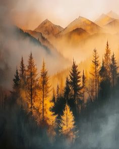 an oil painting of trees and mountains in the foggy morning light with yellow leaves