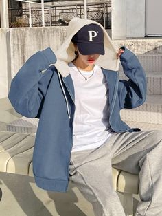 Blue Hoodie Outfit, Thermal Hoodie, Ideal Type, Outfit Korean, Loose Hoodie, Women Sweatshirts, Lined Hoodie, Drawstring Hoodie