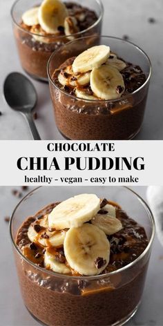 chocolate chia pudding with bananas in a glass bowl