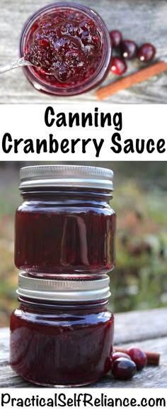 canning cranberry sauce in a mason jar with text overlay that reads canning cranberry sauce