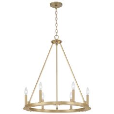 a brass chandelier with five candles hanging from the bottom and four lights on each end