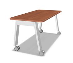 a small wooden table with wheels on the bottom and one leg raised up to it's side