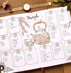 a calendar with flowers and teapots on it