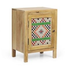 a small wooden cabinet with an embroidered design on the front and bottom, measurements for each drawer