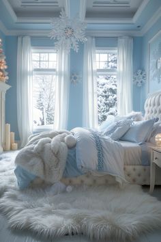 a bedroom with blue walls and white fur rug on the floor, along with two windows that have snowflakes hanging from them