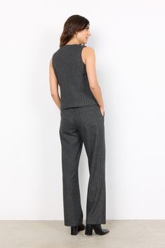 Victoria grey pinstripe waistcoat from Soya Concept. Complete the set with matching tailored trousers or dress it up with a slip skirt. Elegant Tailored Pinstripe Vest, Tailored Pinstripe Workwear Sets, Tailored Pinstripe Sets For Work, Pinstripe Vest For Work, Tailored Gray Sets For Workwear, Elegant Pinstripe Sleeveless Vest, Pinstripe Waistcoat, Pinstripe Vest, Victoria 1