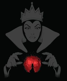 an evil queen holding a red ball in her hands