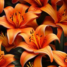 orange lilies with green leaves on a black background