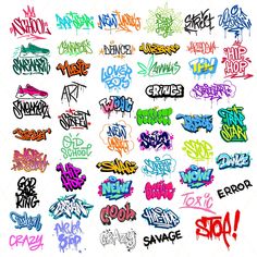 various graffiti font and colors on a white background with the word's name added to it