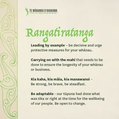 an advertisement for ranggitratanga written in green and black ink on white paper