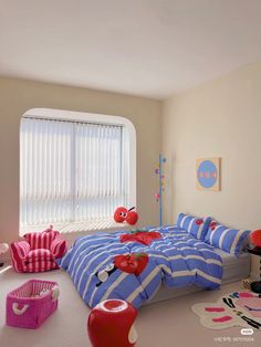 a bedroom decorated in pink, blue and white