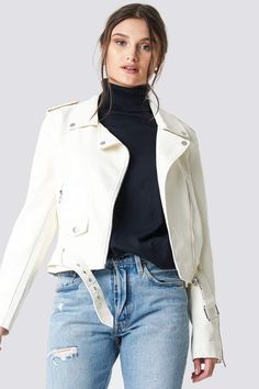 Na Kd Trend Pu Leather Biker Jacket Cream White Leather Biker Jacket Outfit, Cream Leather Jacket Outfit Winter, Cream Biker Jacket Outfit, Off White Leather Jacket Outfit, White Leather Jacket Outfit Women, Beige Biker Jacket Outfit, White Biker Jacket Outfit, Cream Leather Jacket Outfit, Creme Outfits