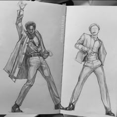 two drawings of men in jackets and pants, one is holding his hand up to the side