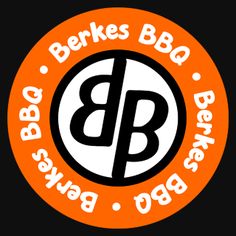 an orange and black bbq logo on a black background