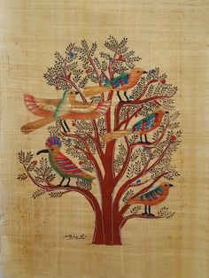 a tree with birds painted on it