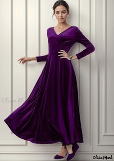 Olivia Mark - Velvet V-Neck Long Sleeve Dress - Elegant Full-Length Velvet Dress Purple Long Dresses, Gold Velvet Dress, Vintage Velvet Dress, Long Sleeve Ball Gowns, Long Dresses Elegant, Velvet Dress Long, Long Sleeve Velvet Dress, Velvet Maxi Dress, Dress Women Elegant