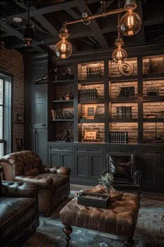 a living room filled with lots of furniture and bookshelves on the wall next to a window