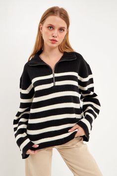 ENGLISH FACTORY - Striped Half-Zip Sweater - SWEATERS & KNITS available at Objectrare Knitted Texture, Collared Sweater, Eternal Summer, Zip Collar, Summer Street, Comfortable Sweater, Weekly Outfits, Half Zip Sweaters, Collar Sweater