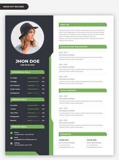 a green and black resume template with a photo on the front, one page is shown