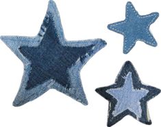 three blue and white stars are shown in the shape of denims, one is made from