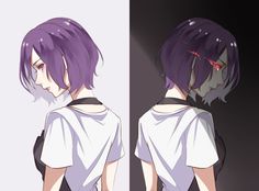 an anime character with purple hair and white shirt