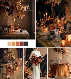 a collage of photos with candles, flowers and other things to decorate the table