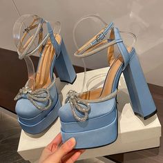 Joskaa Ankle Strap Women Pumps Elegant Party Shoes Butterfly-Knot Crystal Hoof Heel Platform Square Toe High Heel Dress Shoes Heels Plus Size, Pretty Heels, High Heel Dress Shoes, Fashion Shoes Heels, Cute Shoes Heels, Kawaii Shoes, High Heel Dress, Butterfly Knot