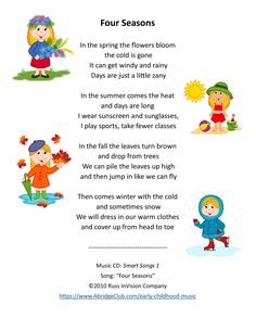 the four seasons poem with pictures of children in winter clothes and snow gear, including an umbrella