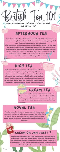 the british tea info sheet is shown in pink and green colors, with words describing different types