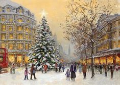 a painting of people walking in the snow near a christmas tree