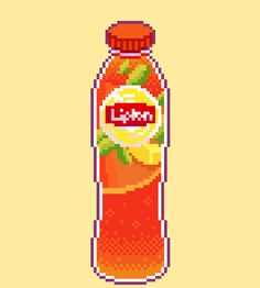 a bottle of orange juice pixelized on a yellow background