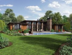 a rendering of a house with a pool in the front yard and landscaping around it