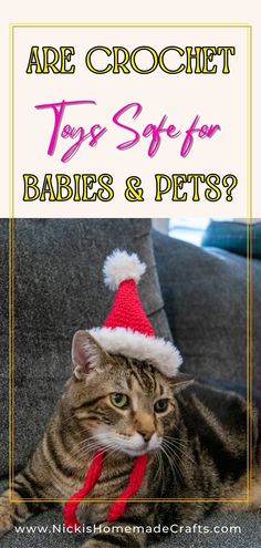 a cat wearing a santa hat with the words are crochet toys safe for babies and pets?