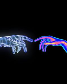 two hands touching each other with colored lines in the foreground and on the right