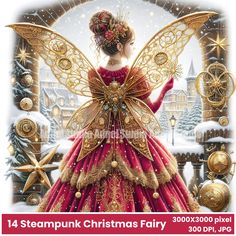 a christmas fairy is standing in front of a snowy scene with gold ornaments and decorations