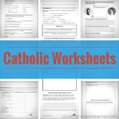 catholic worksheets with the words catholic worksheets in red on blue background