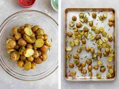 two pictures side by side one has potatoes and the other has sprouts