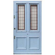 a blue door with two glass panels on the top and bottom panel, against a white background